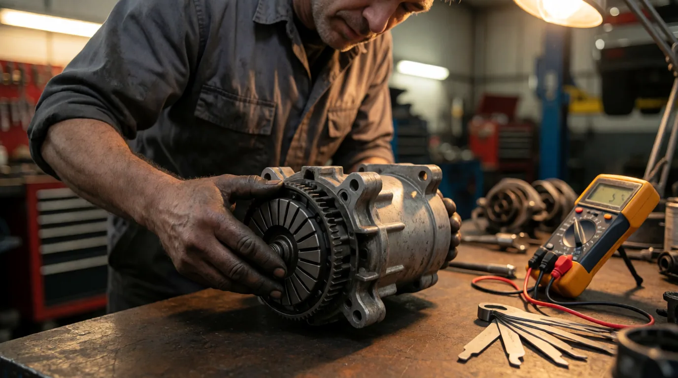Mechanic rotating the clutch plate on a used AC compressor at a workbench with a feeler gauge and multimeter nearby