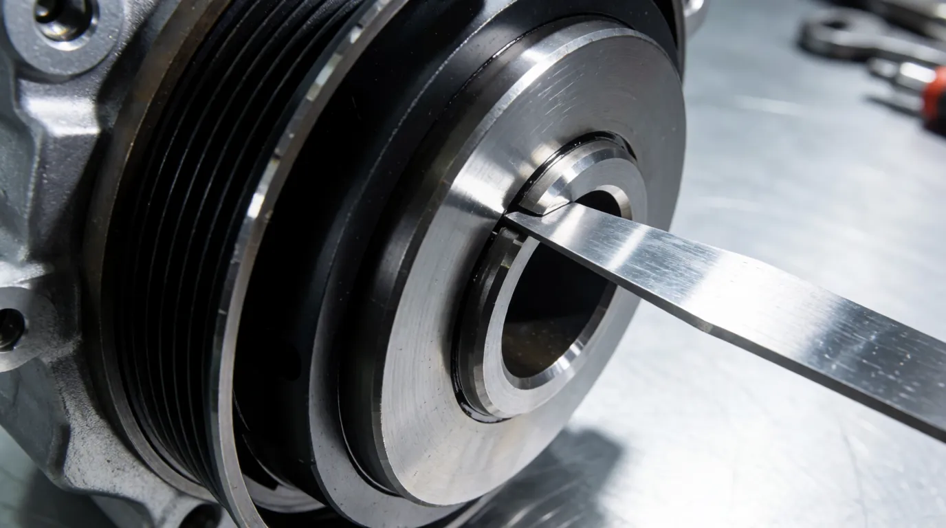 Macro shot of an AC compressor clutch assembly with a feeler gauge measuring the air gap
