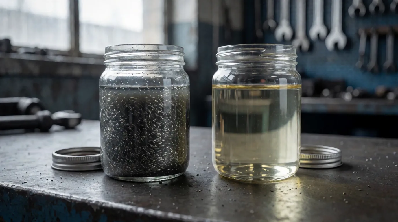 Two glass jars comparing dark drained AC compressor oil with metallic particles against clean amber oil