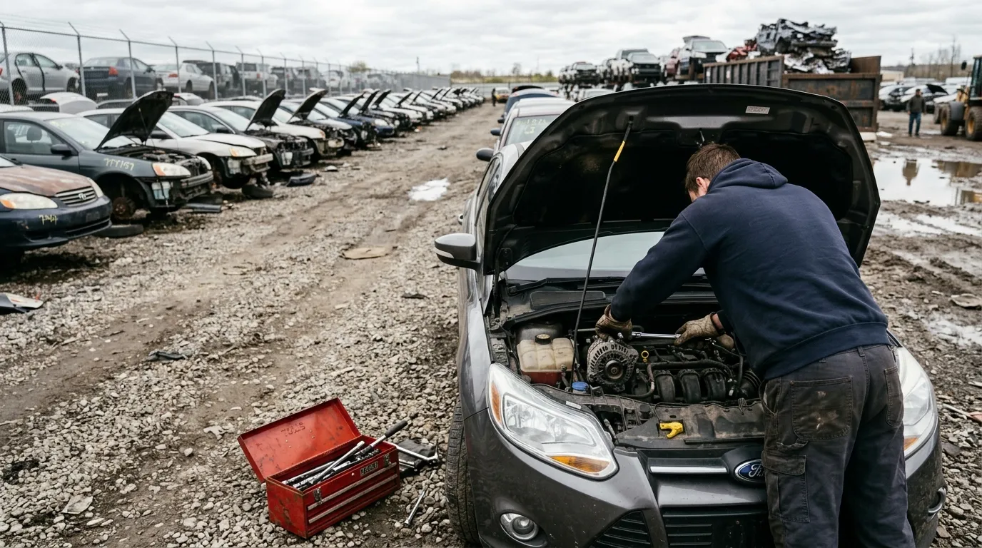 Person removing an alternator from a car in a self-service salvage yard