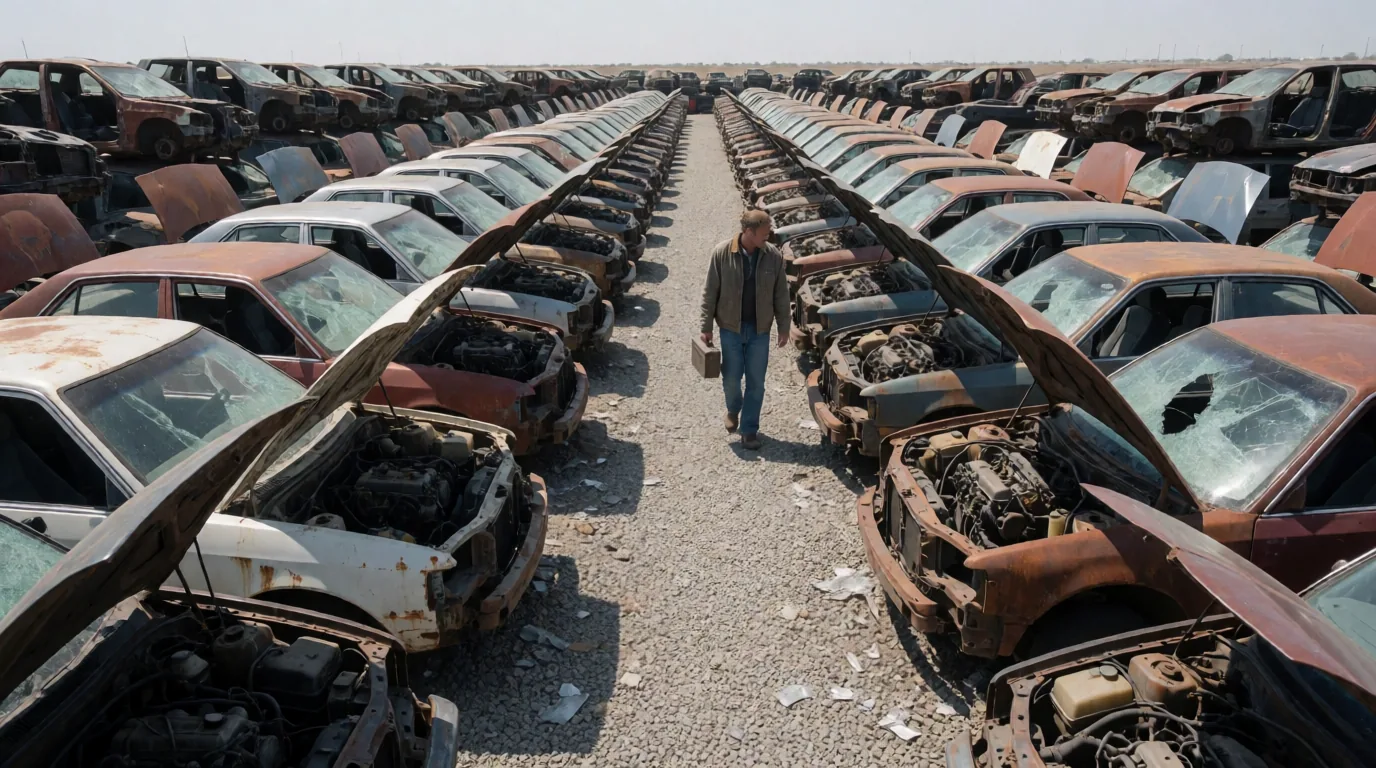 A customer walking between rows of salvage vehicles with open hoods at a self-service junkyard, engines visible in each bay