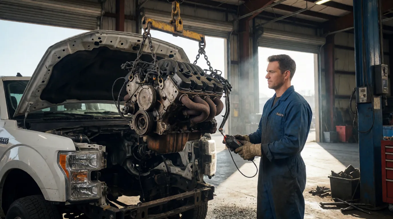 Salvage yard worker operating an engine hoist to lift a used V8 engine from a donor truck