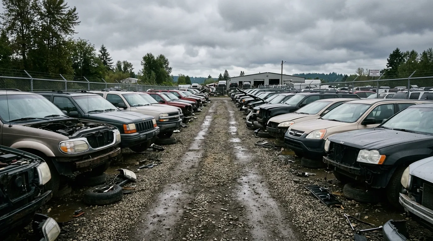 Row of salvage yard vehicles with front ends stripped, showing exposed headlight assemblies in the fenders