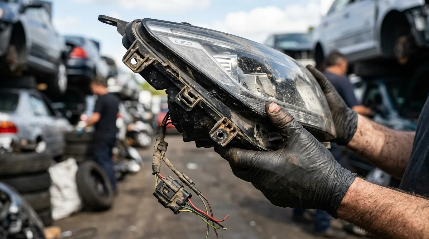 Hands holding a used LED headlight assembly showing mounting tabs and connector