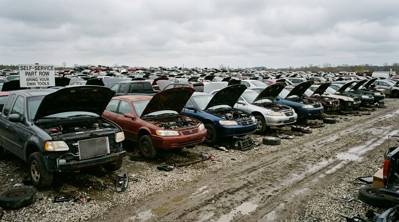 Row of salvage yard vehicles with front ends open, showing exposed radiators and cooling stacks