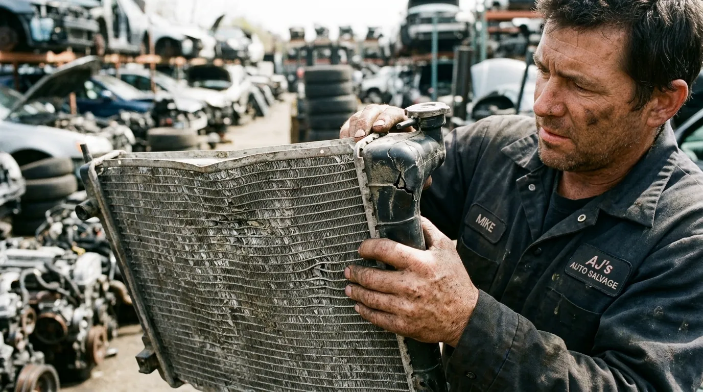 Mechanic inspecting a used automotive radiator at a salvage yard