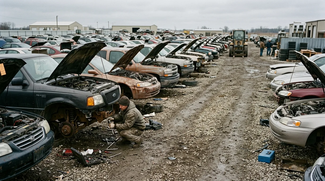 Salvage yard row of vehicles with hoods raised and a worker pulling parts from an engine bay