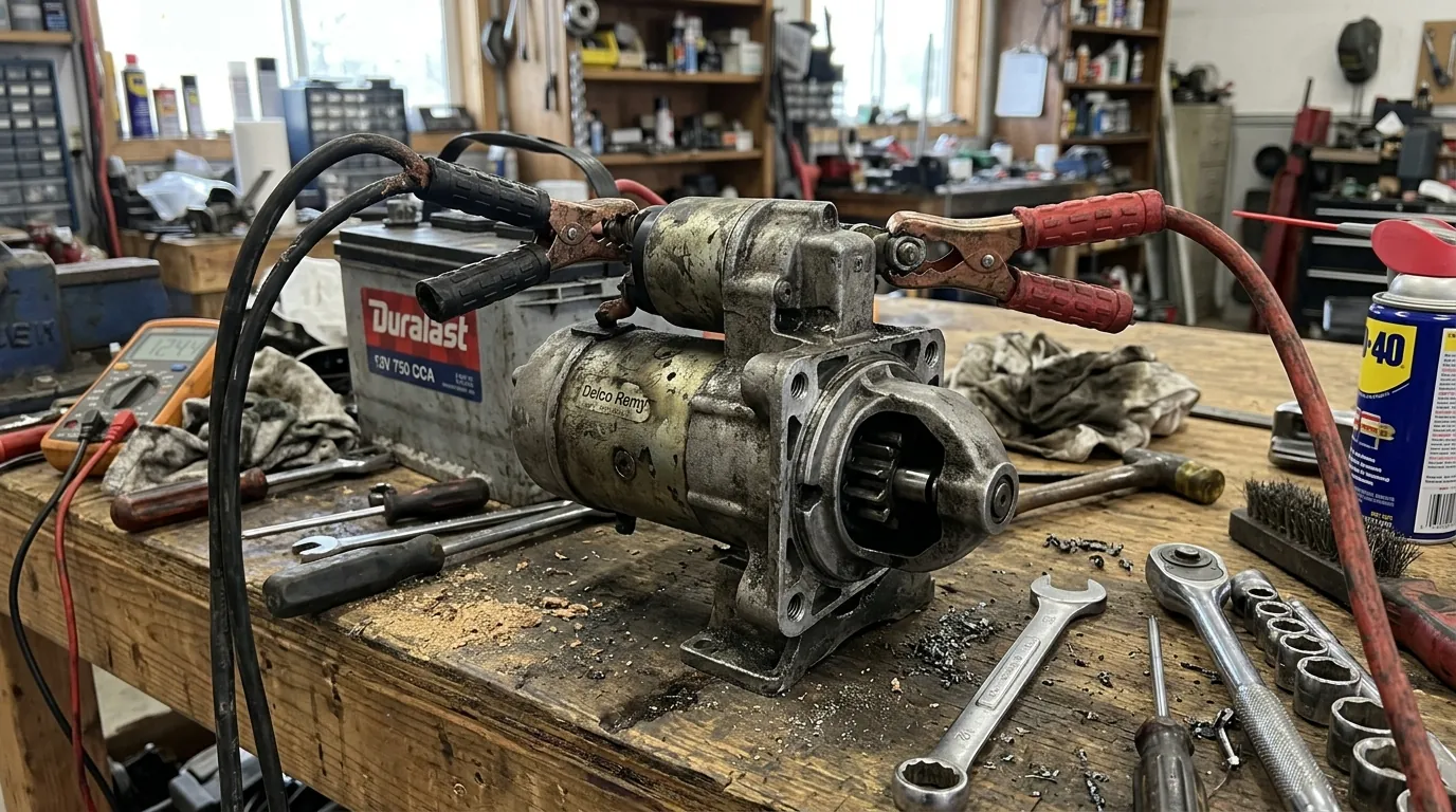 Used starter motor being bench tested with jumper cables and battery