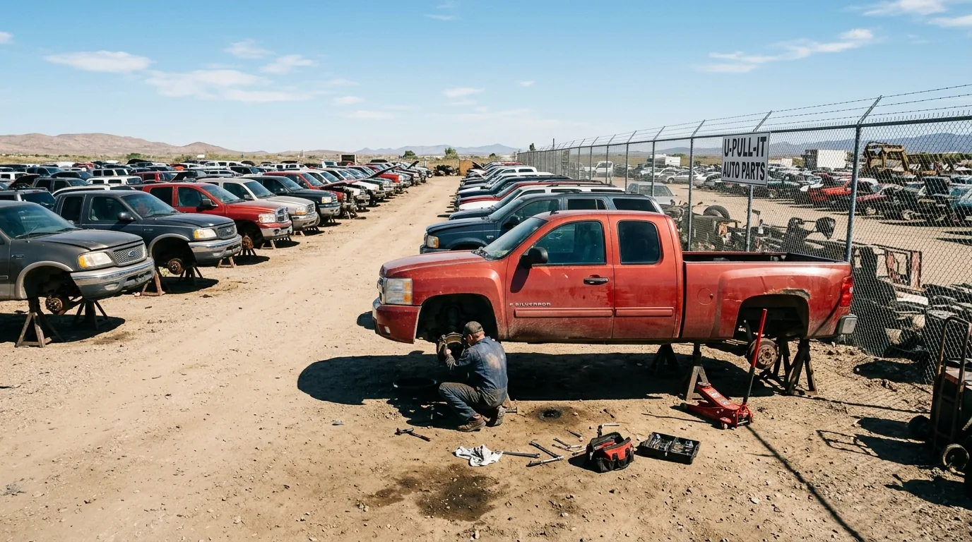 Self-service junkyard with rows of trucks and SUVs, showing the vehicle types that carry transfer cases
