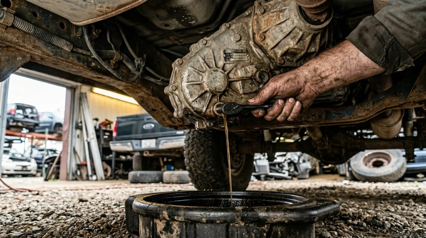 Mechanic checking transfer case fluid at a salvage yard