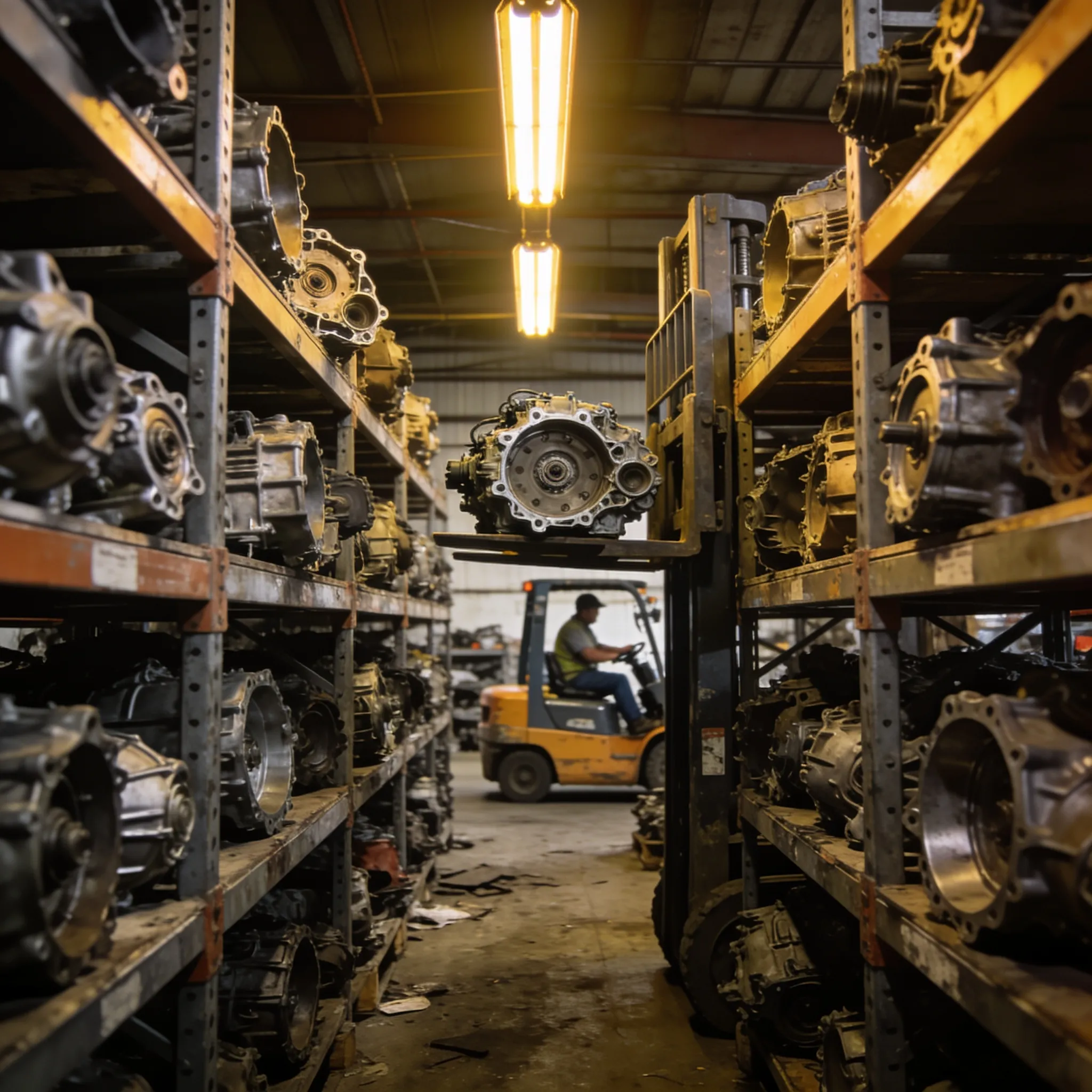 Rows of transmissions on heavy shelving inside a salvage yard warehouse with price tags