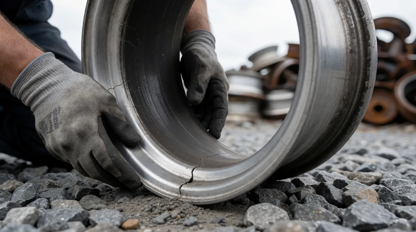 Gloved hands inspecting the inner barrel of a used alloy wheel for cracks at a salvage yard