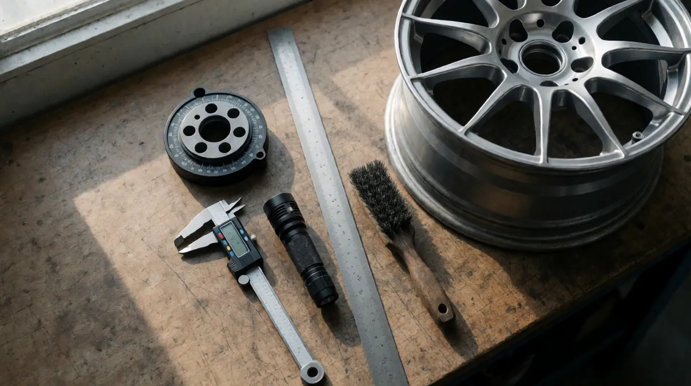 Overhead flat-lay of wheel inspection tools including bolt pattern gauge, calipers, and flashlight next to an alloy wheel
