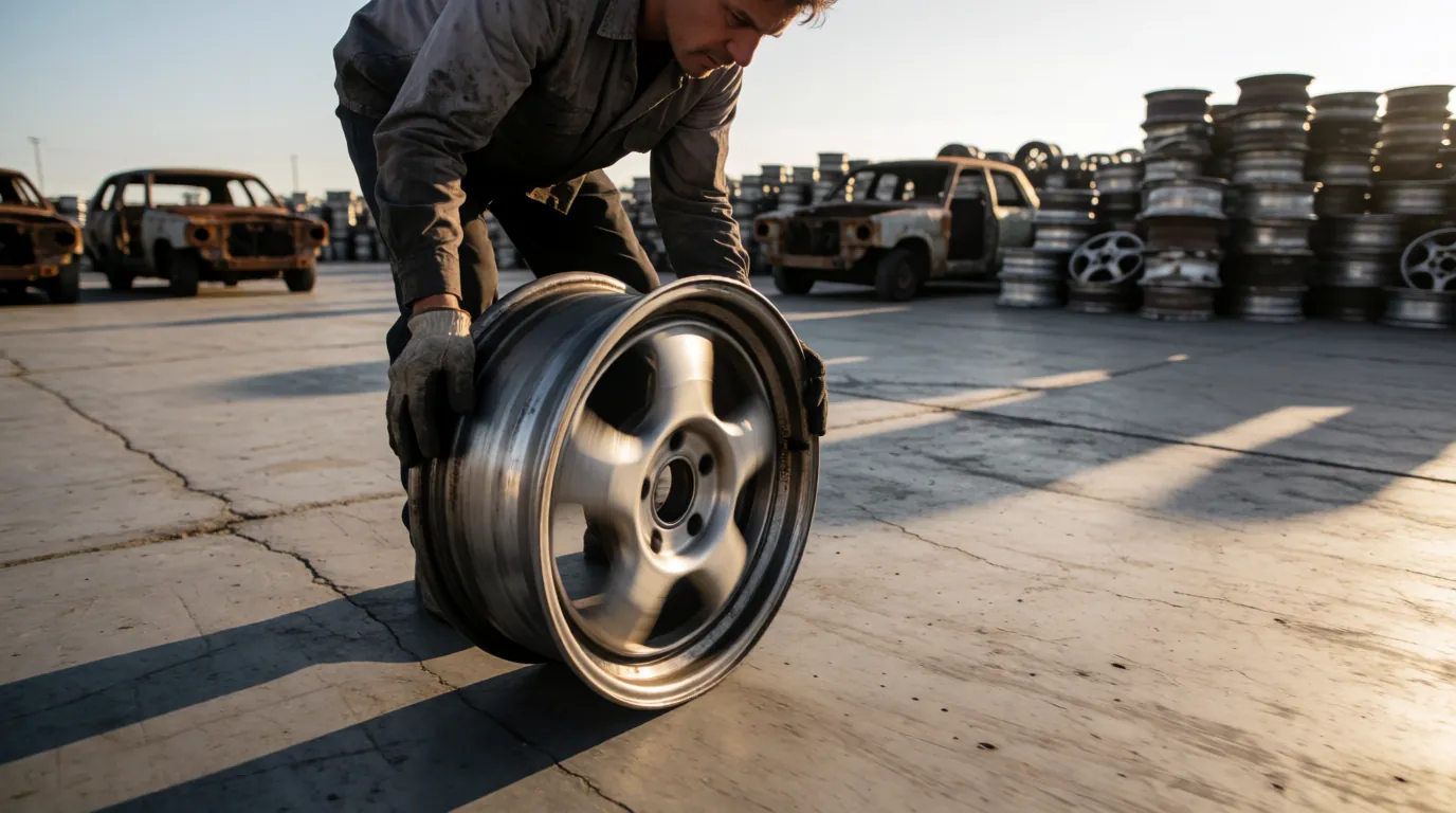 Person rolling a used alloy wheel across a concrete lot at a salvage yard with stacked rims in background