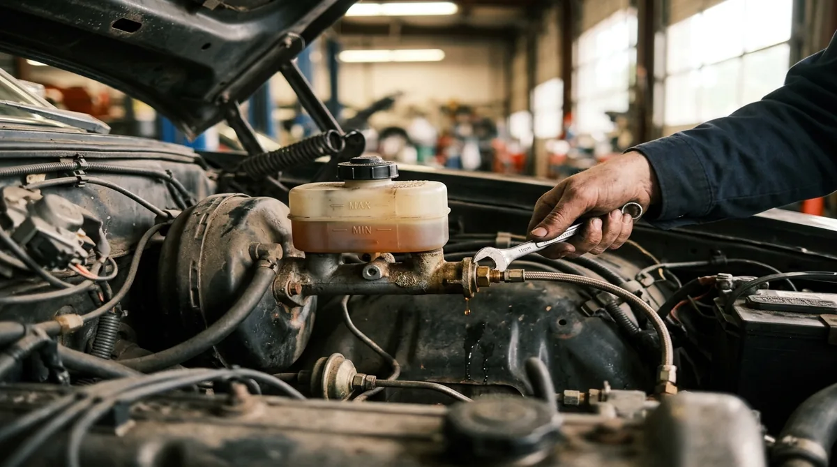 Brake master cylinder with translucent fluid reservoir being serviced by a mechanic with a flare-nut wrench