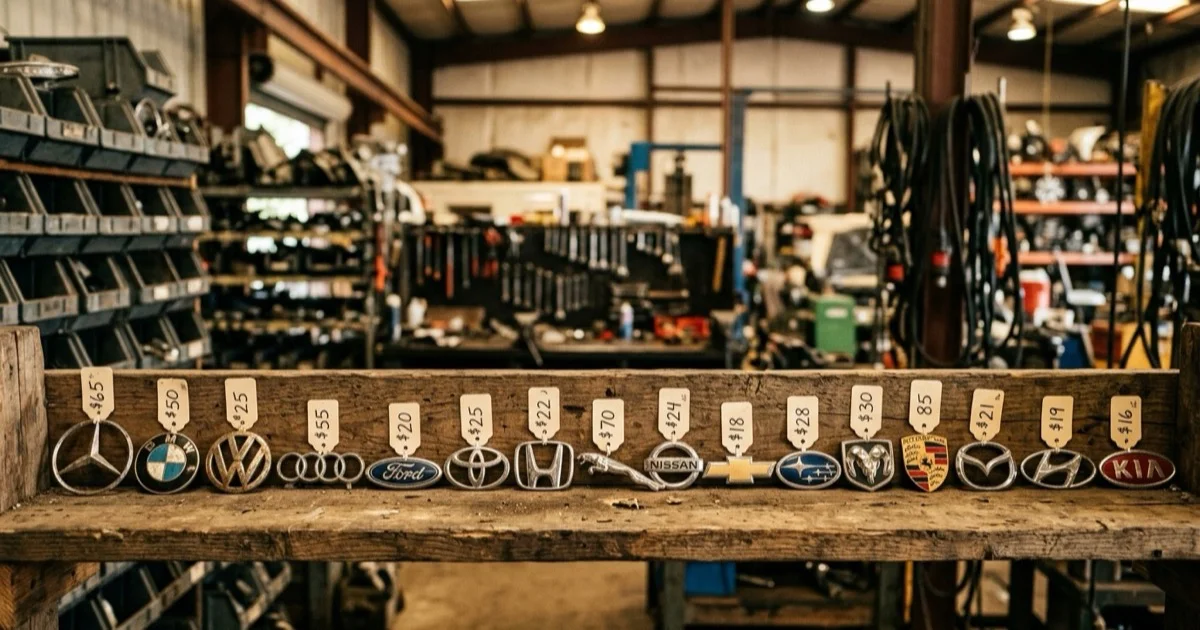Row of luxury and economy car badges lined up on a salvage yard shelf showing price tags
