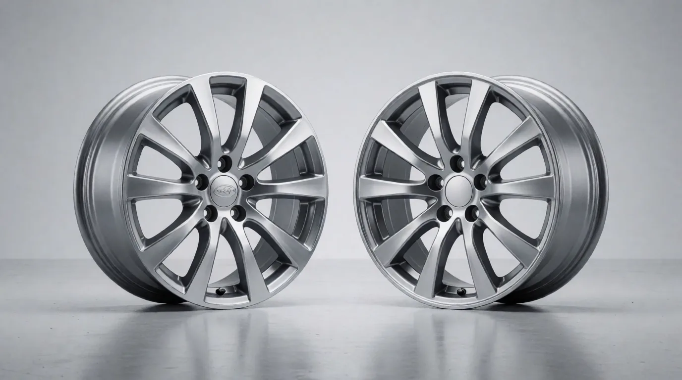 An OEM factory alloy wheel and an aftermarket replica wheel photographed side by side on a white background