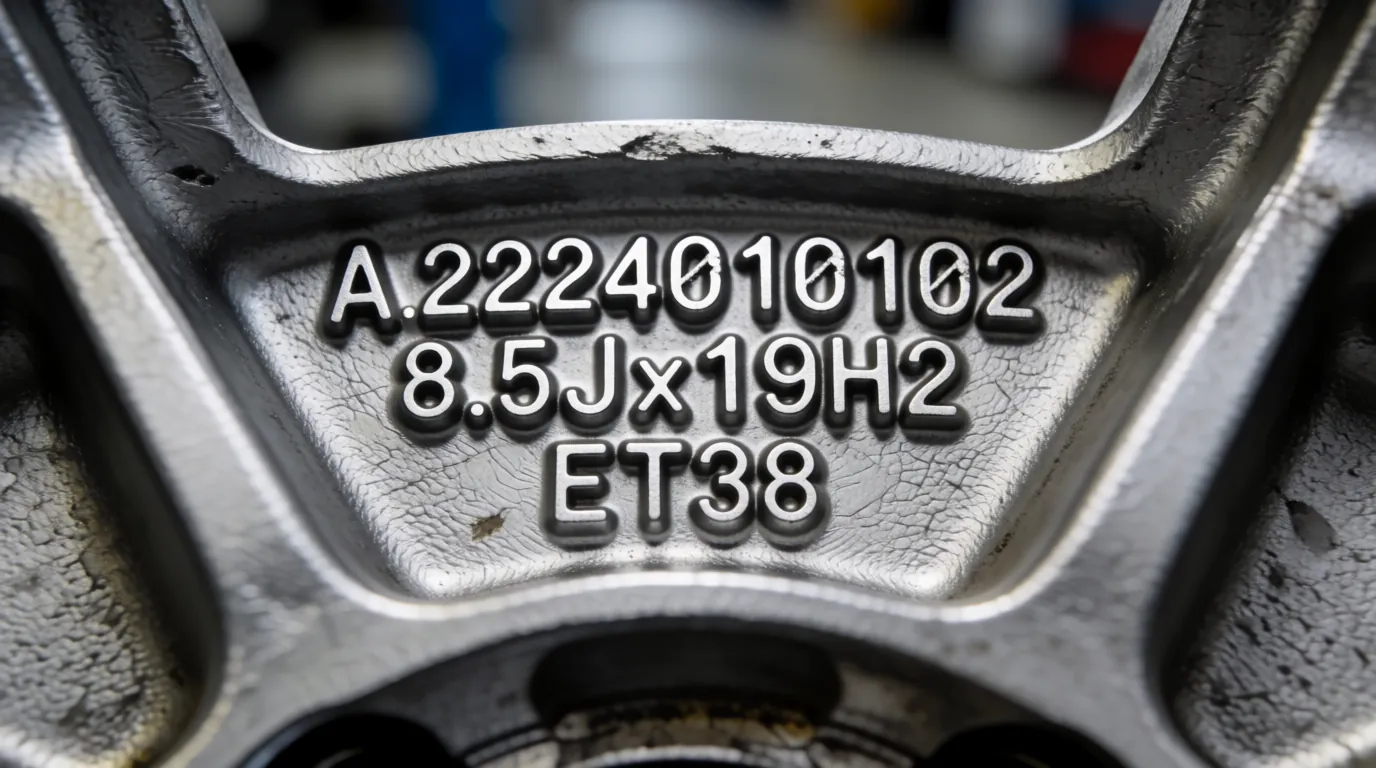 Reverse side of an alloy wheel showing cast part number, size, and offset markings