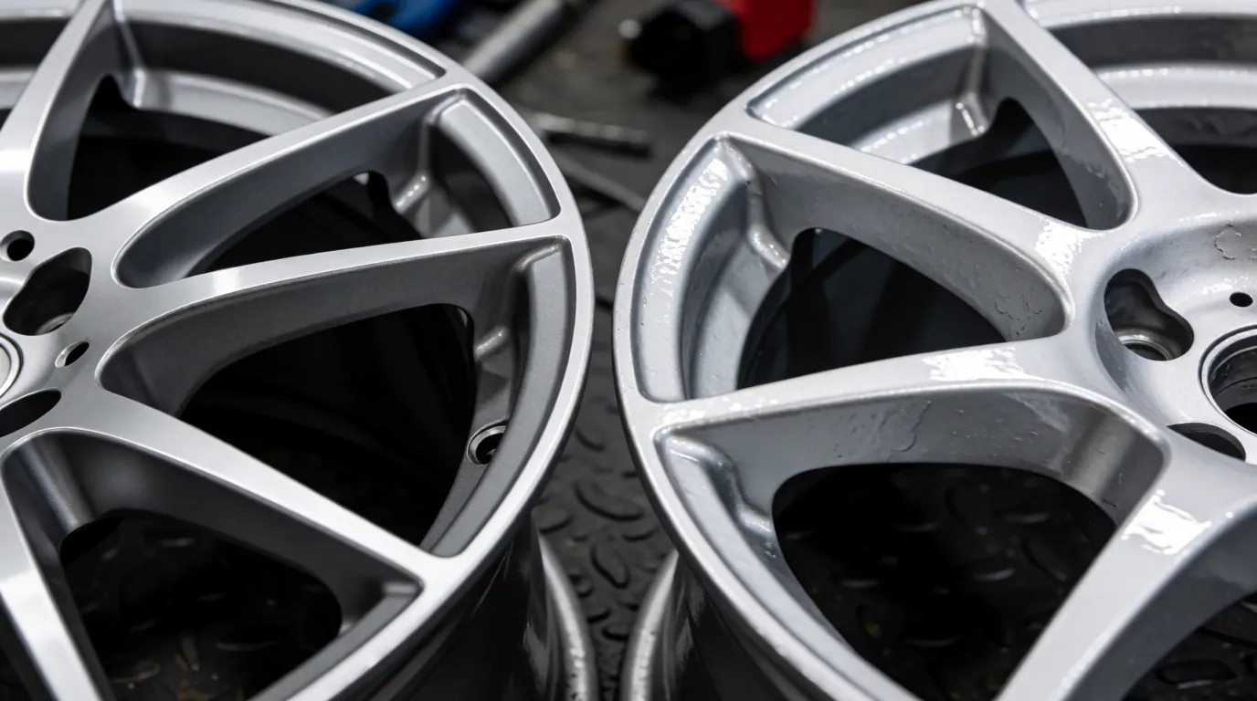 Two alloy wheels showing difference in spoke thickness between OEM and aftermarket