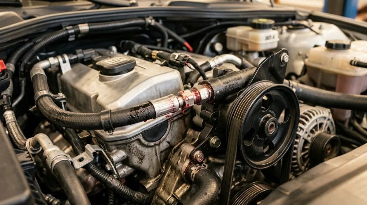A power steering pump and hoses under a vehicle hood with a visible fluid drip at a hose connection