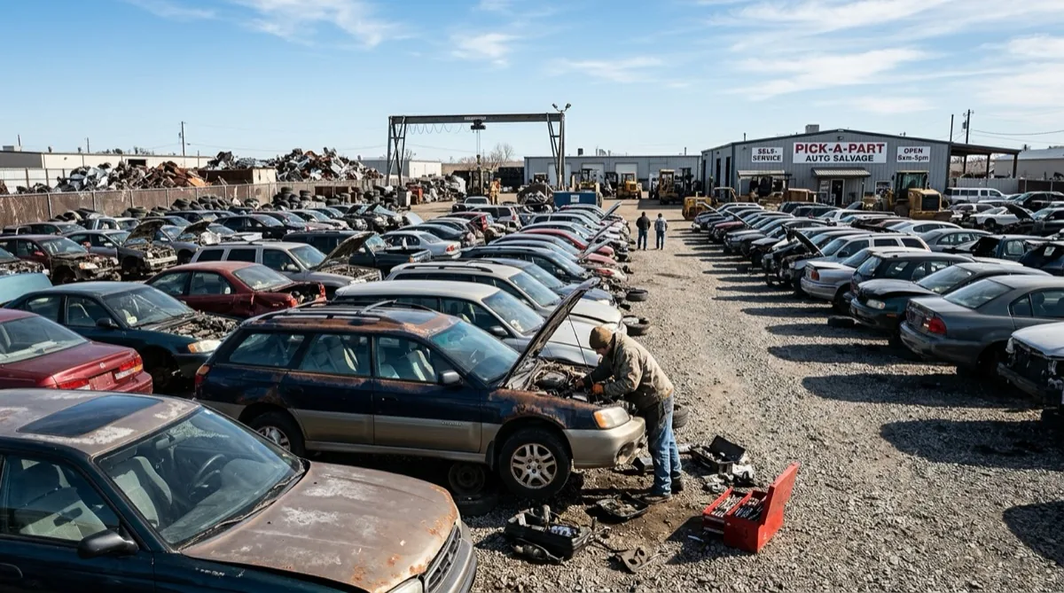 A person using hand tools to remove a part from a vehicle at a self-service pull-a-part junkyard with rows of donor cars stretching into the background