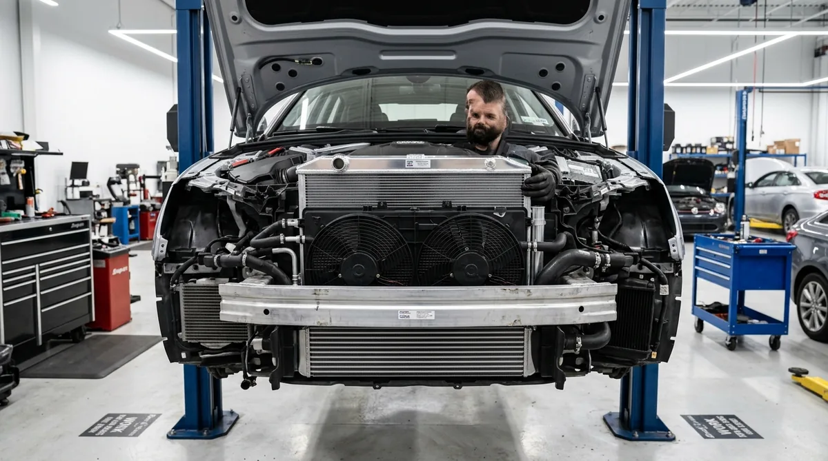 Mechanic installing a new aluminum radiator into a car with the front bumper and grille removed in a modern shop