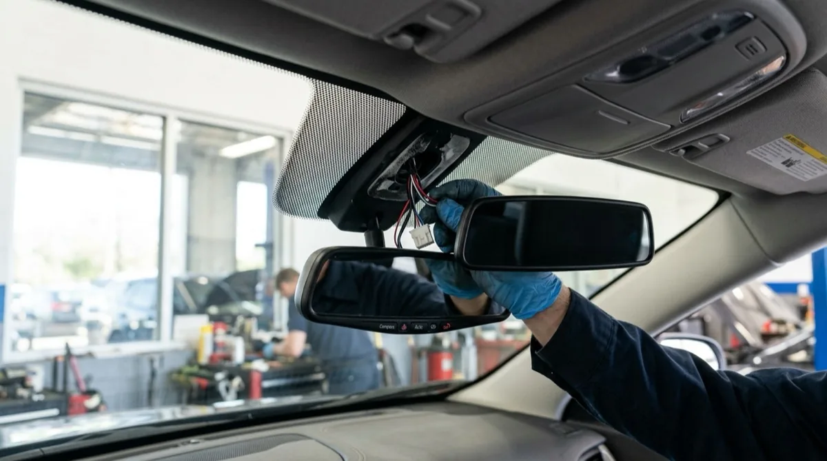 A technician replacing an interior rear view mirror at the windshield mount point inside a vehicle at an auto repair shop