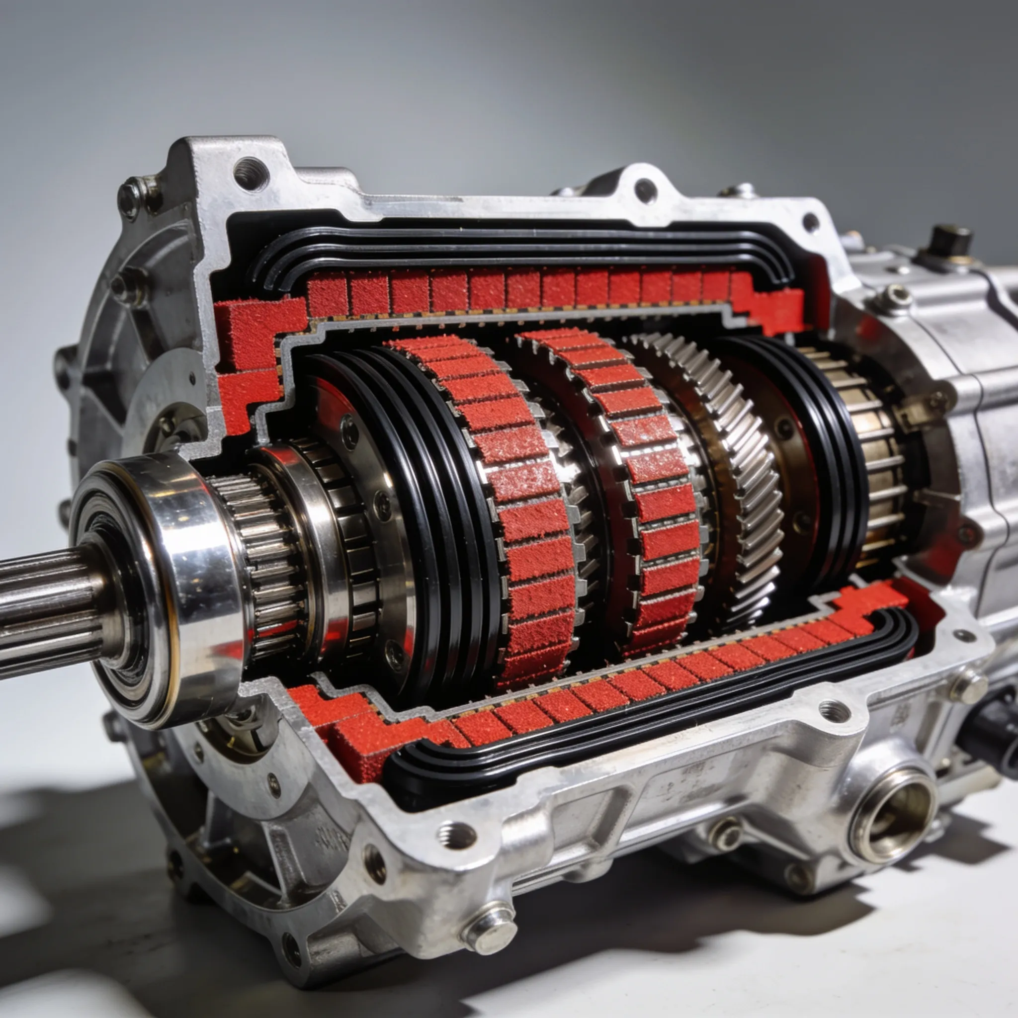 Cross-section of a rebuilt transmission showing new clutch packs and seals