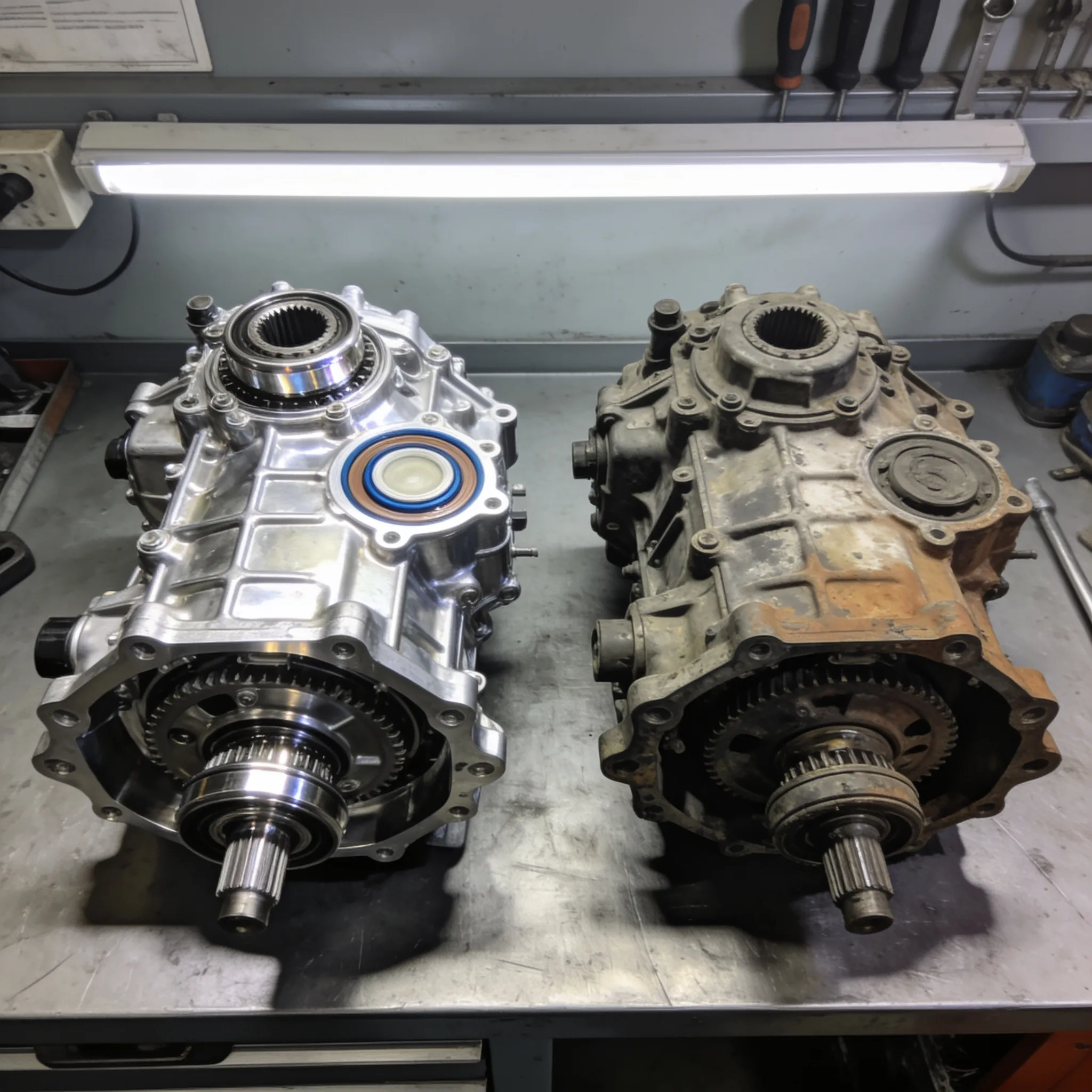 Two transmissions side by side — one freshly rebuilt with new seals, one used from a salvage yard