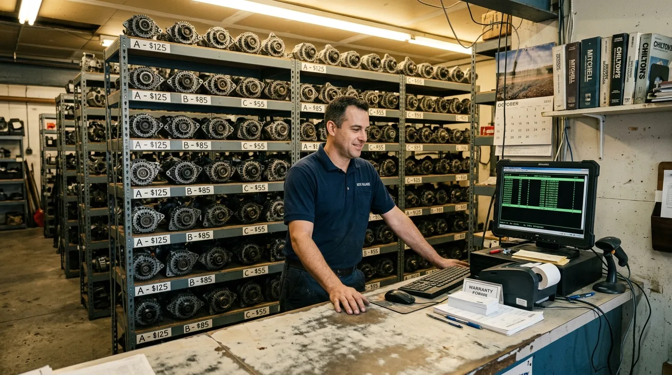 Full-service salvage yard parts counter with graded alternators on shelves tagged with prices