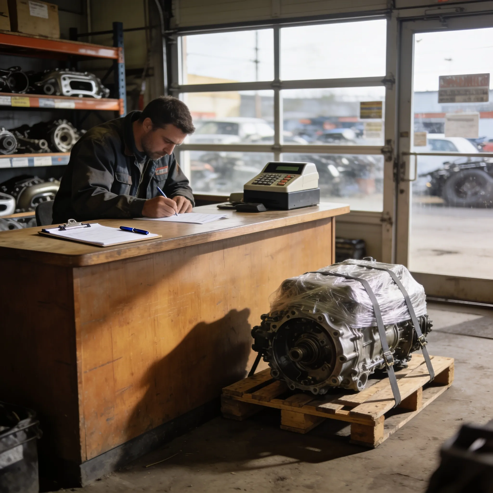 Counter of a salvage yard with a customer picking up a transmission