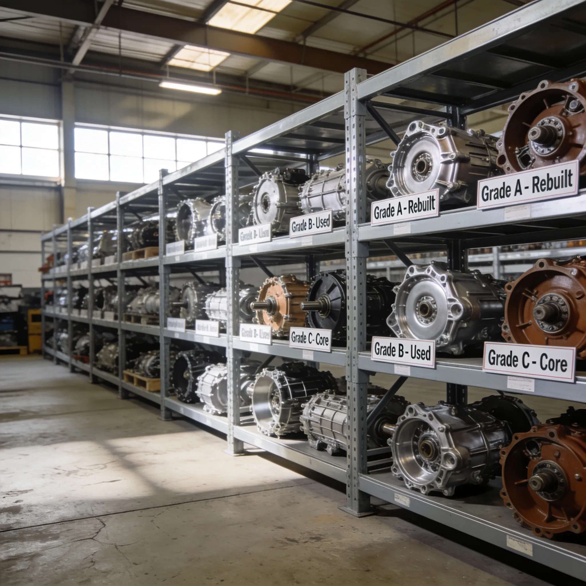 Interior of a salvage yard with transmission inventory on racks
