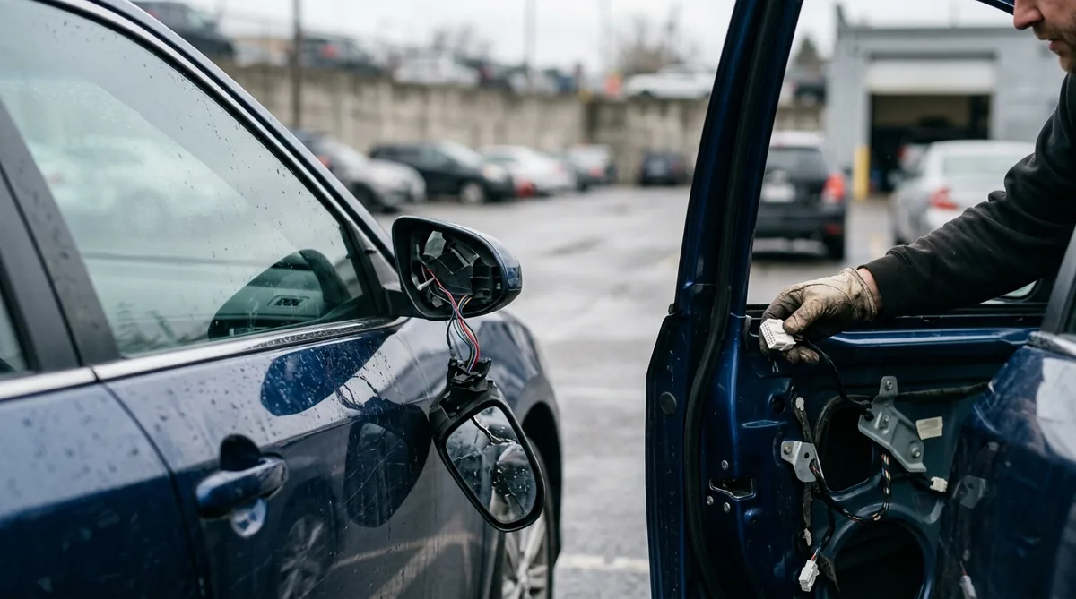 Broken car side mirror dangling by its wiring harness while a mechanic disconnects the electrical connector