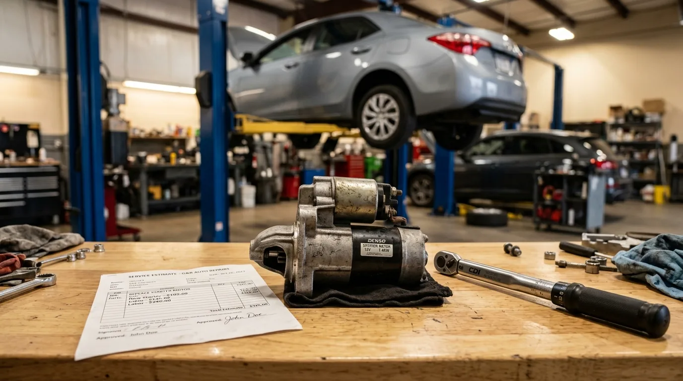 Starter motor on a shop bench next to a repair estimate with a vehicle on a lift in the background