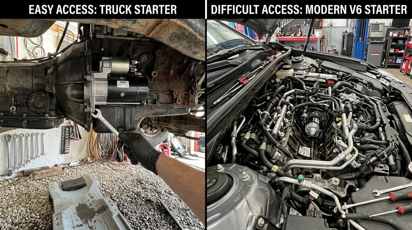 Comparison of an easily accessible truck starter and a buried V6 starter under a removed intake manifold