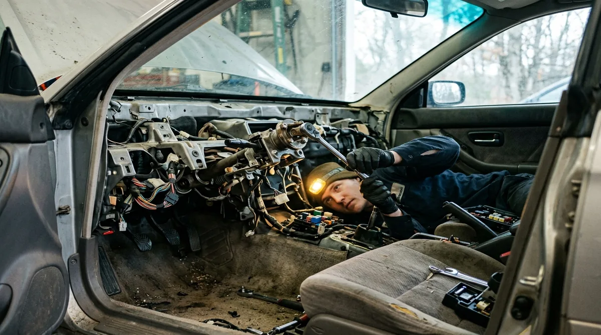 Mechanic with headlamp working on an exposed steering column with dashboard panels removed