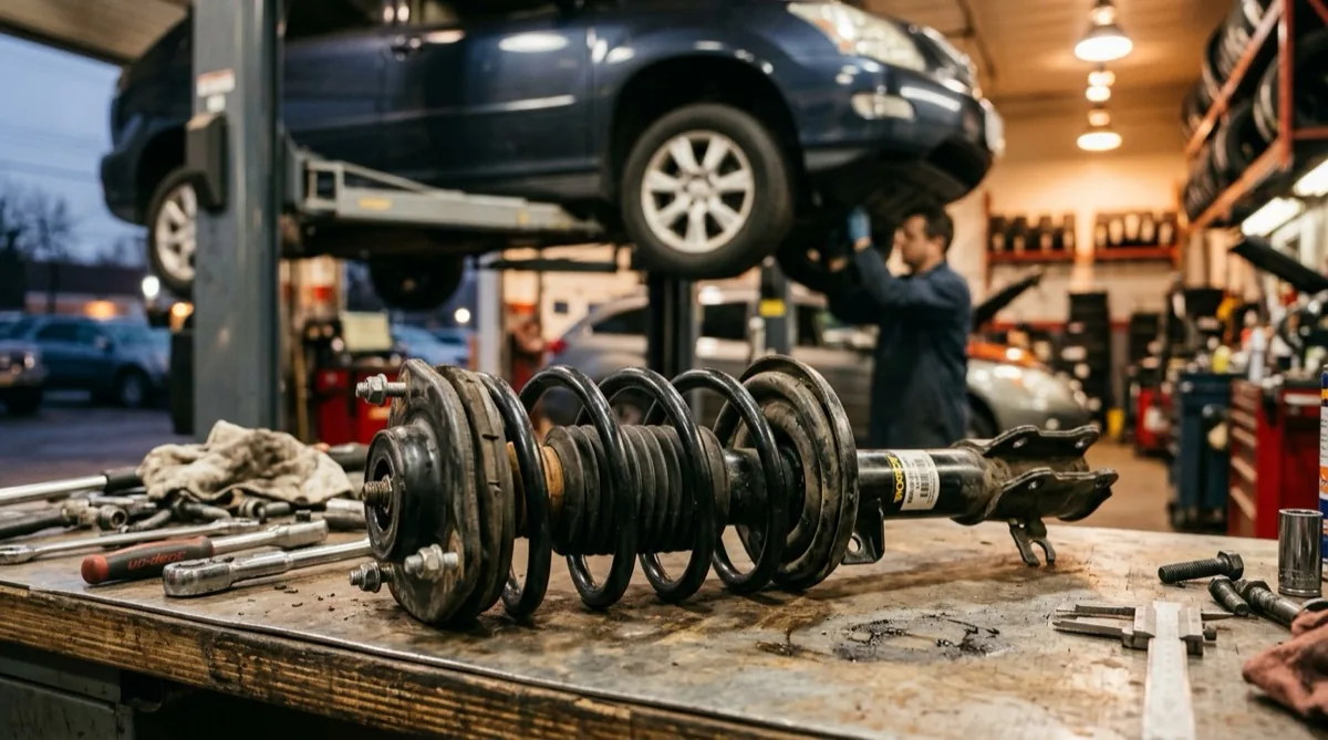A complete strut assembly with coil spring and top mount sitting on a mechanic's workbench with a vehicle on a lift in the background