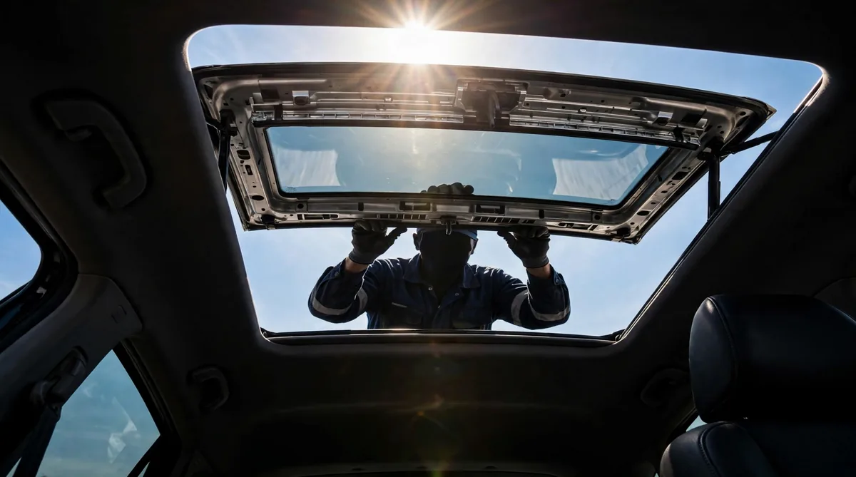 Mechanic lifting a panoramic sunroof glass panel viewed from inside the car looking up at blue sky