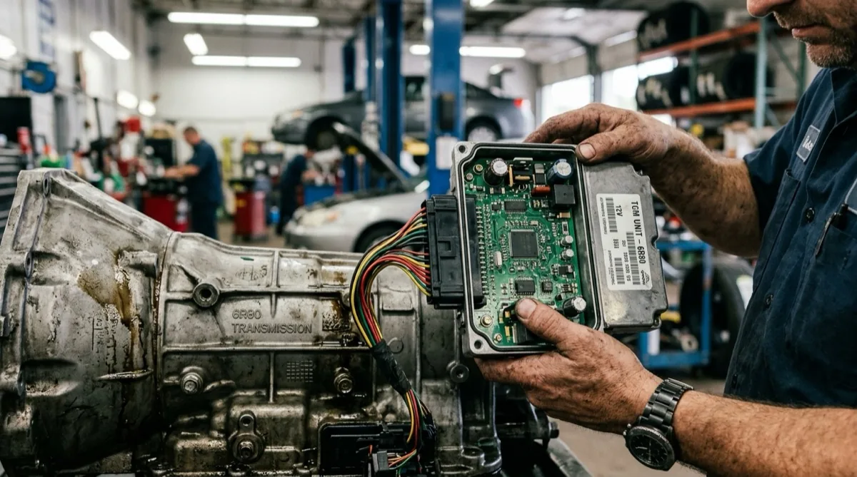 A mechanic holds a transmission control module next to an automatic transmission in an automotive repair shop