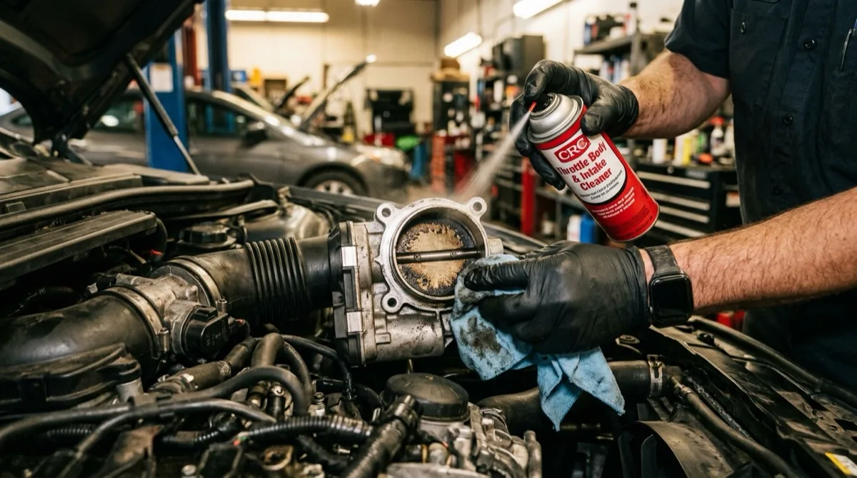 A throttle body being cleaned with spray solvent showing carbon deposits on the throttle plate and bore in a mechanic's shop