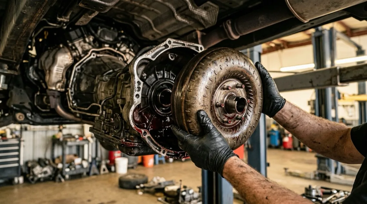 A torque converter separated from a transmission bellhousing during replacement at an automotive repair shop
