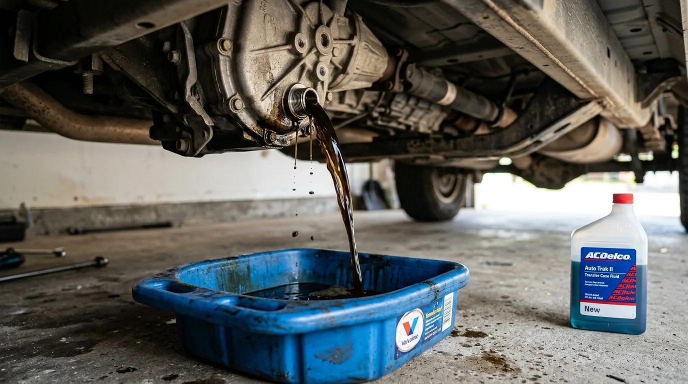 Transfer case fluid being drained into a catch pan underneath a truck with new fluid bottle visible nearby