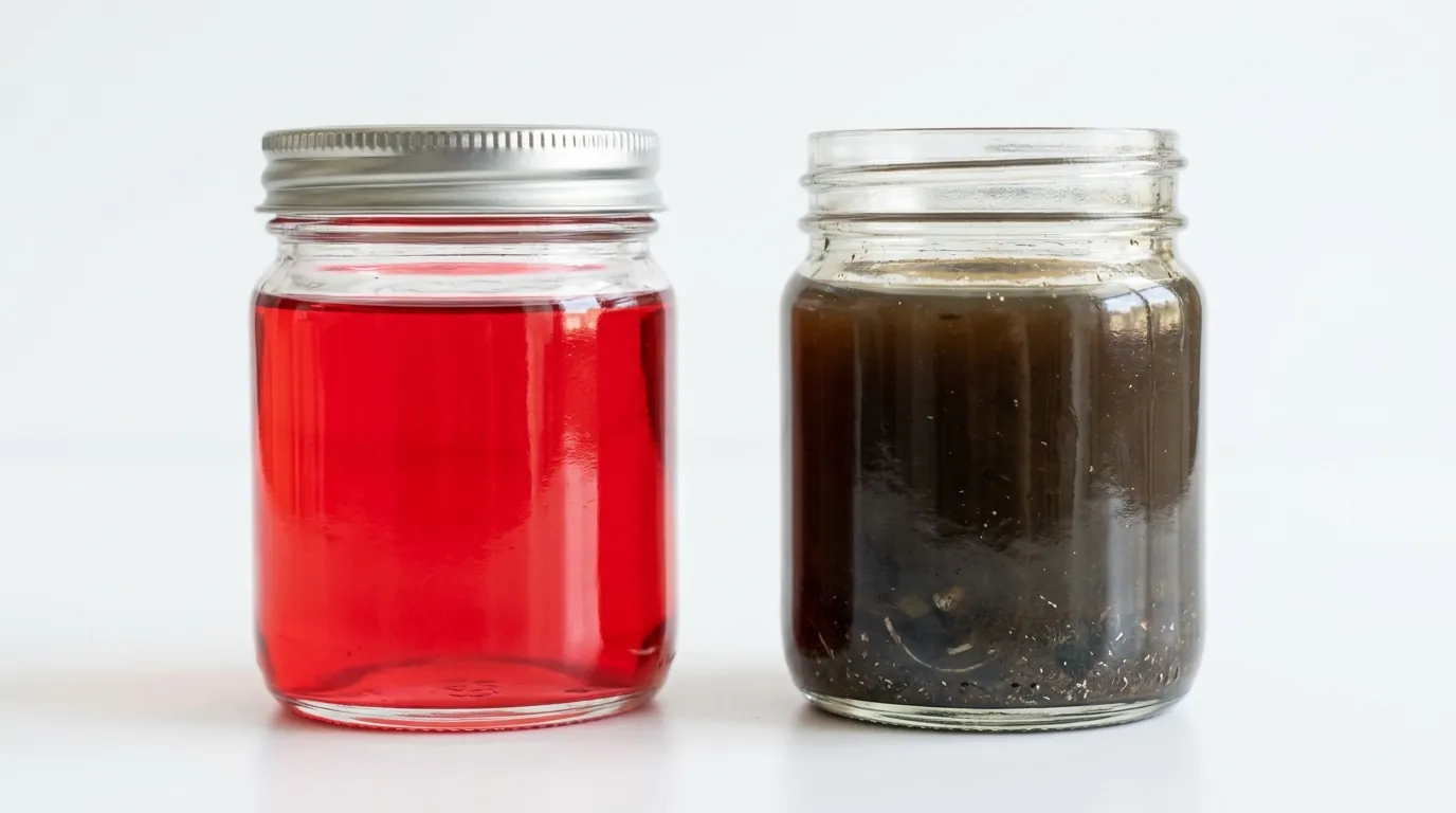 Fresh red ATF fluid compared to dark degraded transfer case fluid