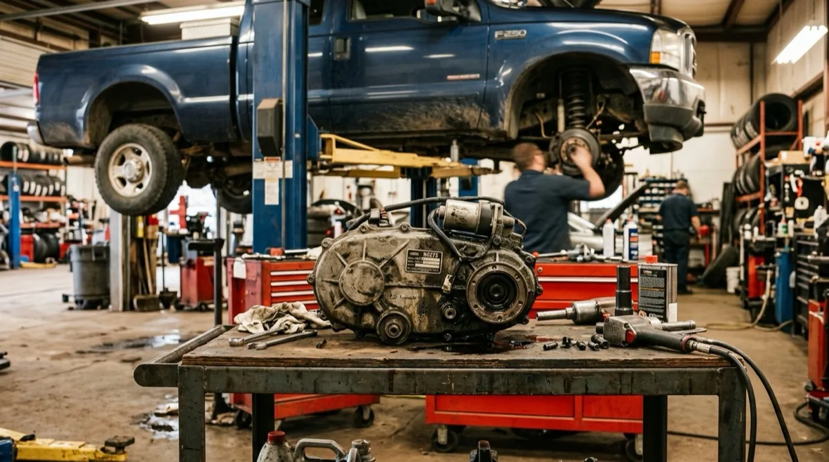 A transfer case assembly on a shop floor beside a truck raised on a lift during replacement