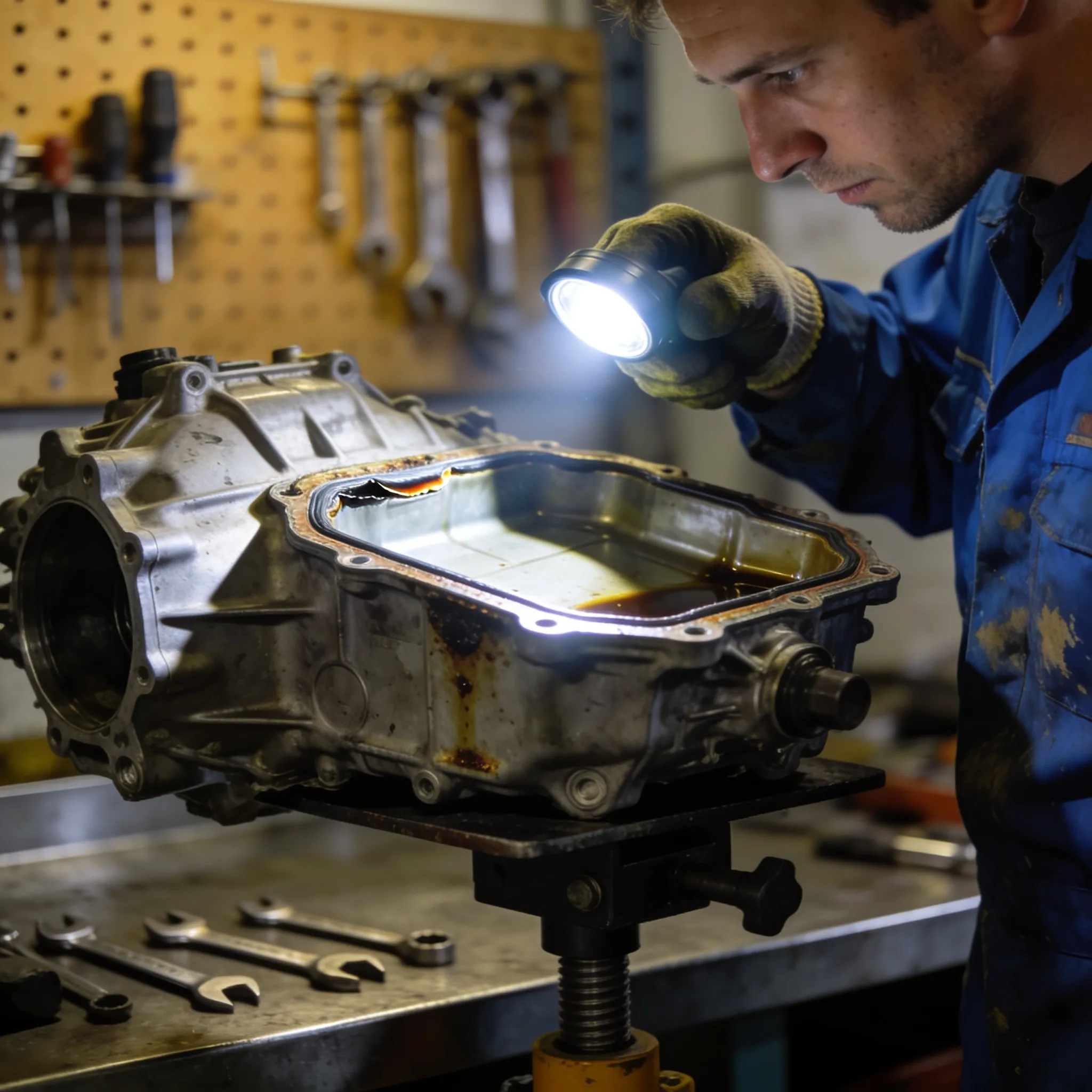 Mechanic inspecting a used transmission on a workshop lift