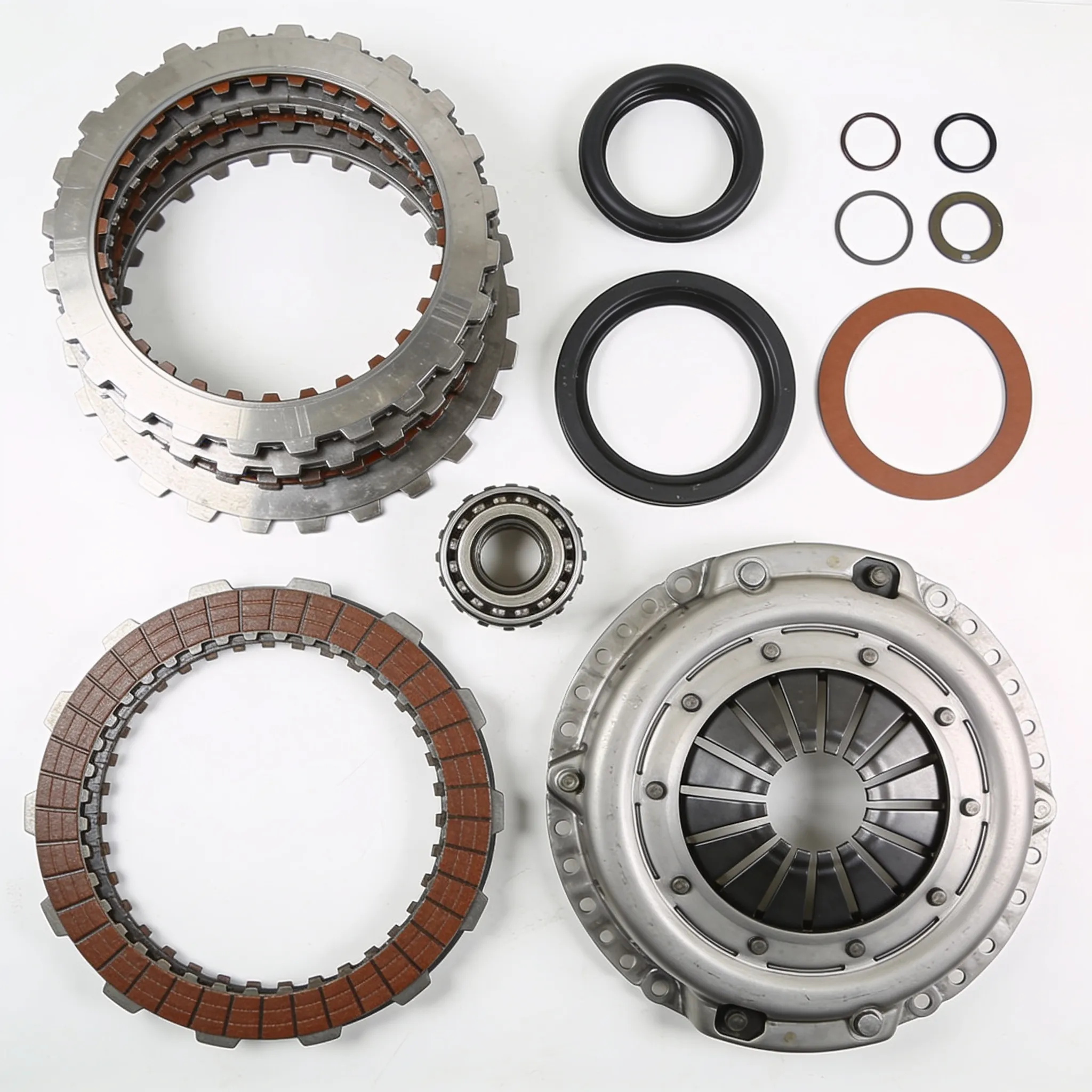 Transmission parts organized during a rebuild process