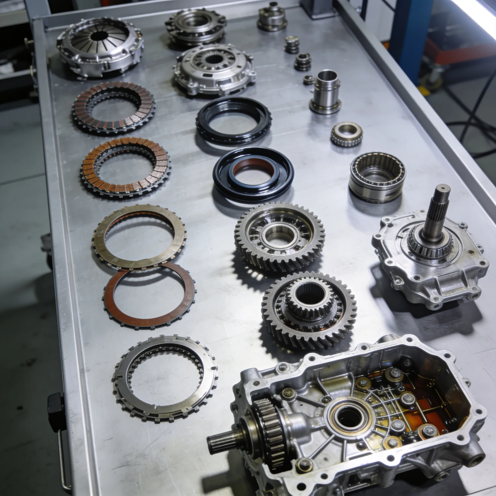 Disassembled transmission parts laid out on a shop workbench during a rebuild