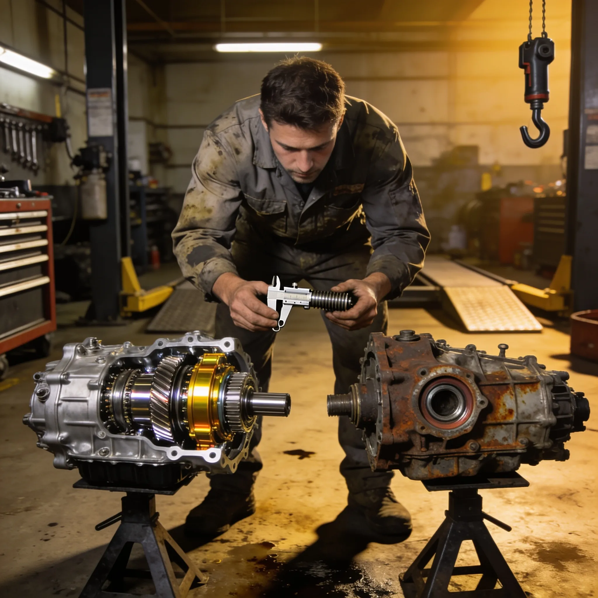 Mechanic comparing a rebuilt transmission next to a used unit in a workshop