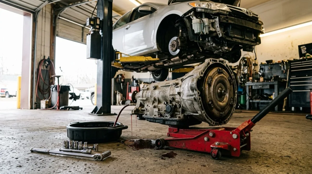 A transmission on a hydraulic jack positioned beneath a vehicle on a shop lift during a transmission replacement job