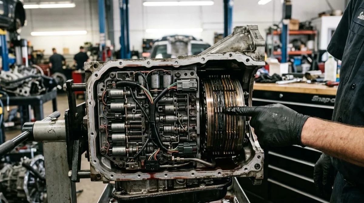 An automatic transmission with the oil pan removed showing the valve body during a diagnostic inspection at an auto repair shop
